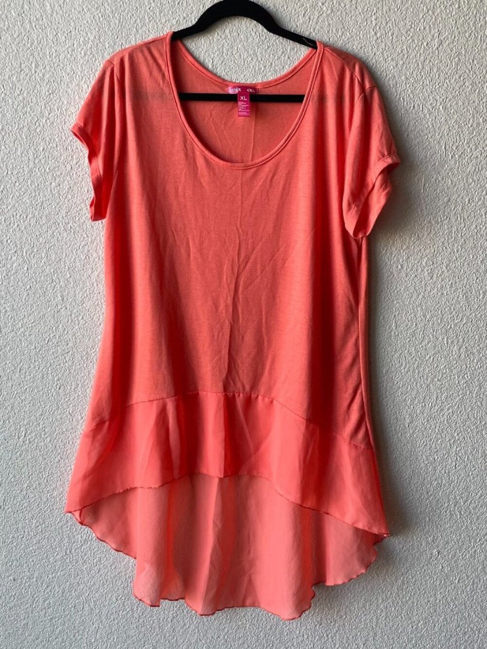 Mix & Co Women's Coral Orange Tunic Top Size XL Short Sleeve High Low Pre-owned